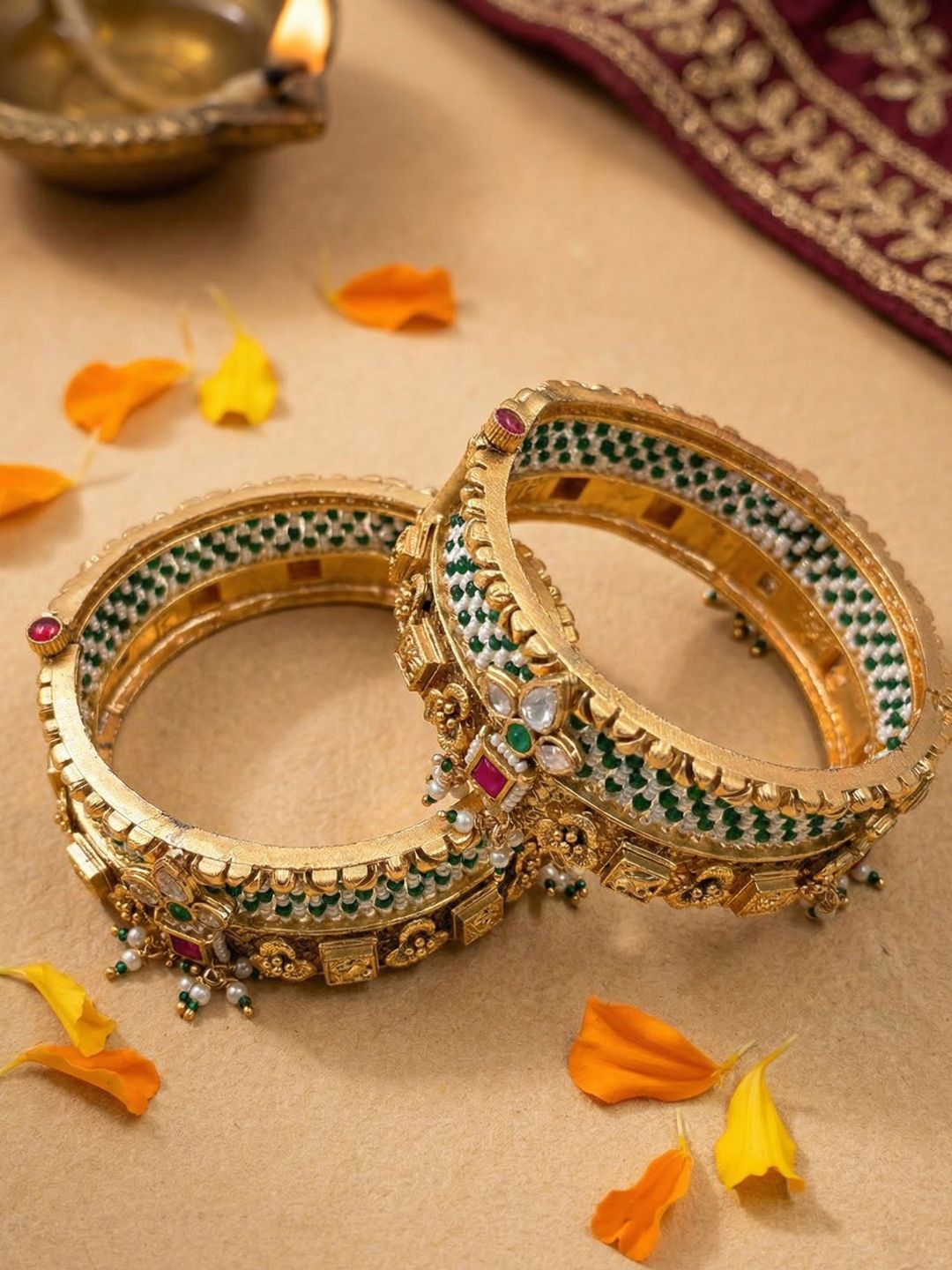 Shrishti Gold Plated Antique Kundan Kada Bangles Set | Green Heritage Bangles