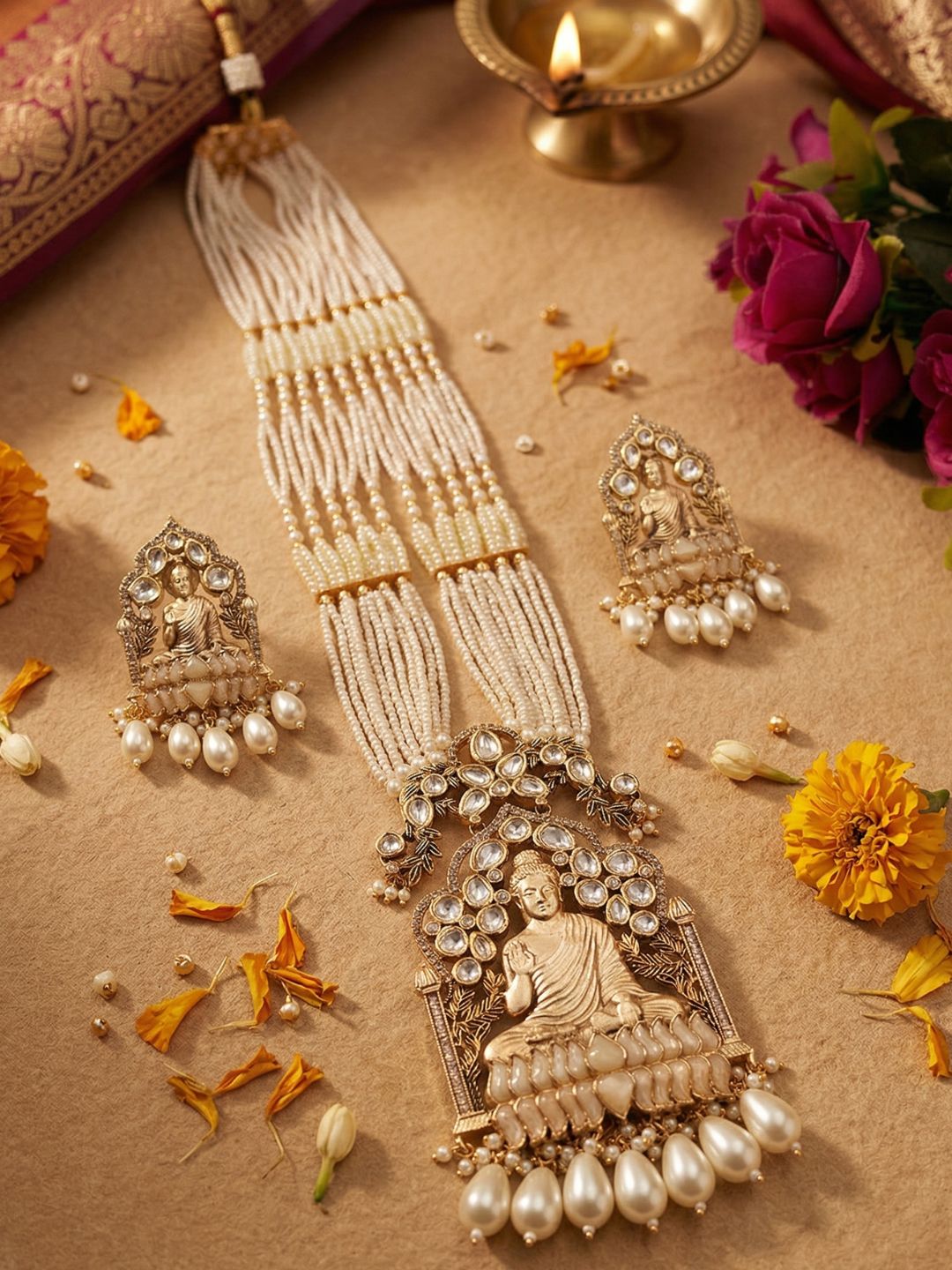 Designer Gautam Buddha Long pearls beaded Temple Necklace Set | South Indian Temple Jewellery For Women