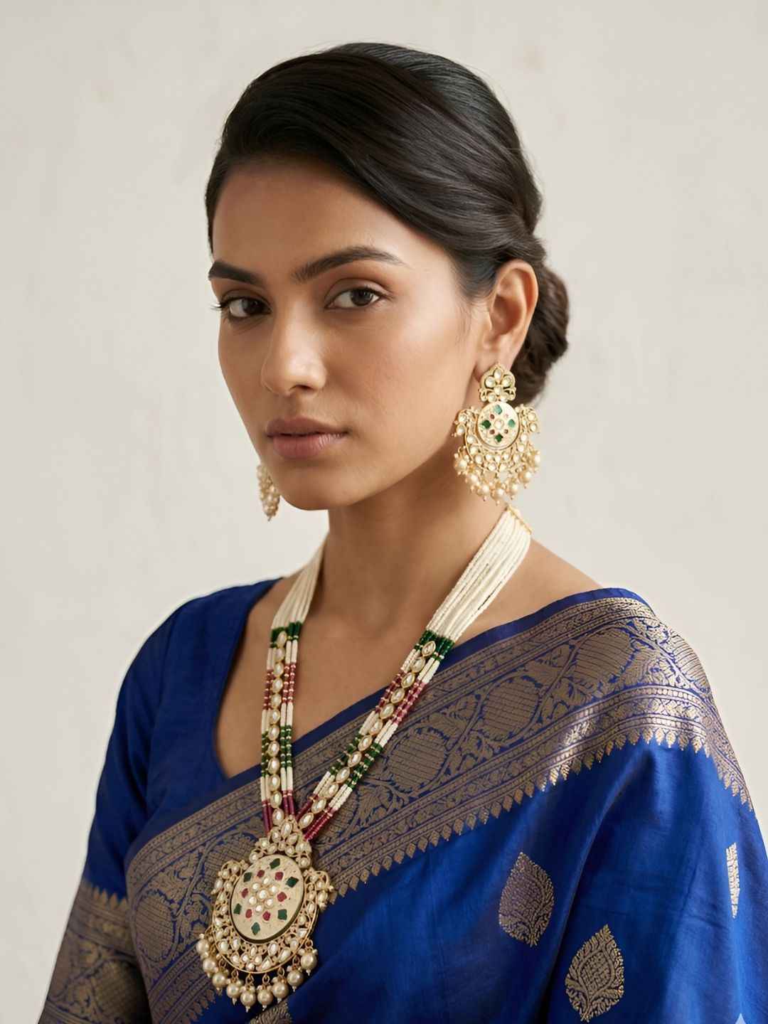 Traditional Long Beaded Kundan Pendant Necklace Set With Enamel | Wedding Jewellery Set