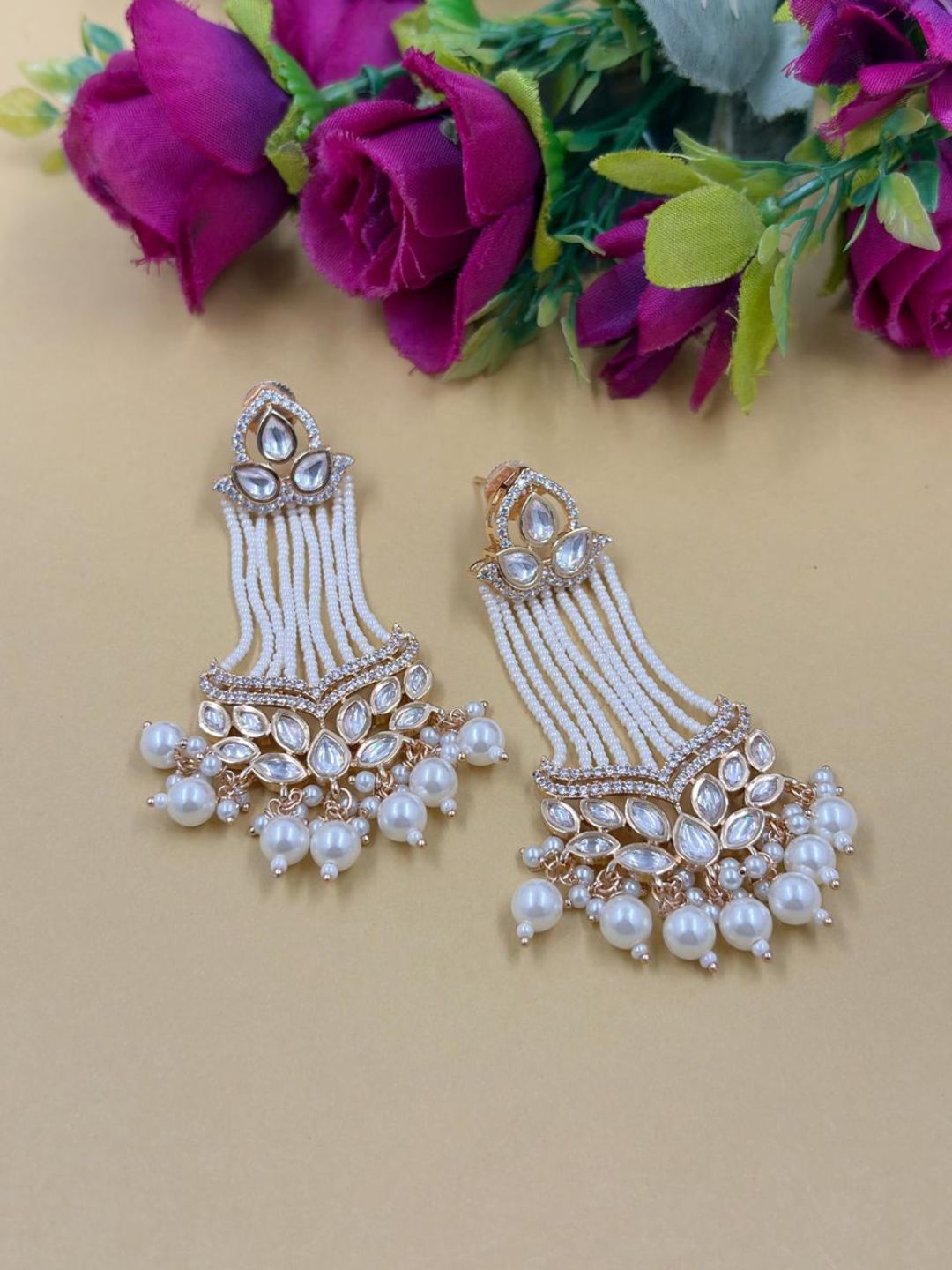 Long Kundan pearl Beaded Chandelier Earrings With Pearl Drops | Bridal Statement Ethnic Earrings for Women