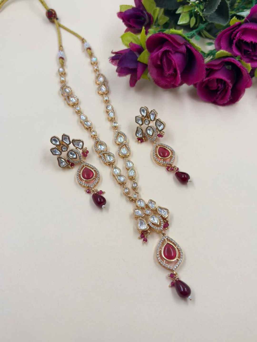 Elegant Rose Gold Finish red Polki Necklace Set For Women - Indo Western Modern Jewellery Set