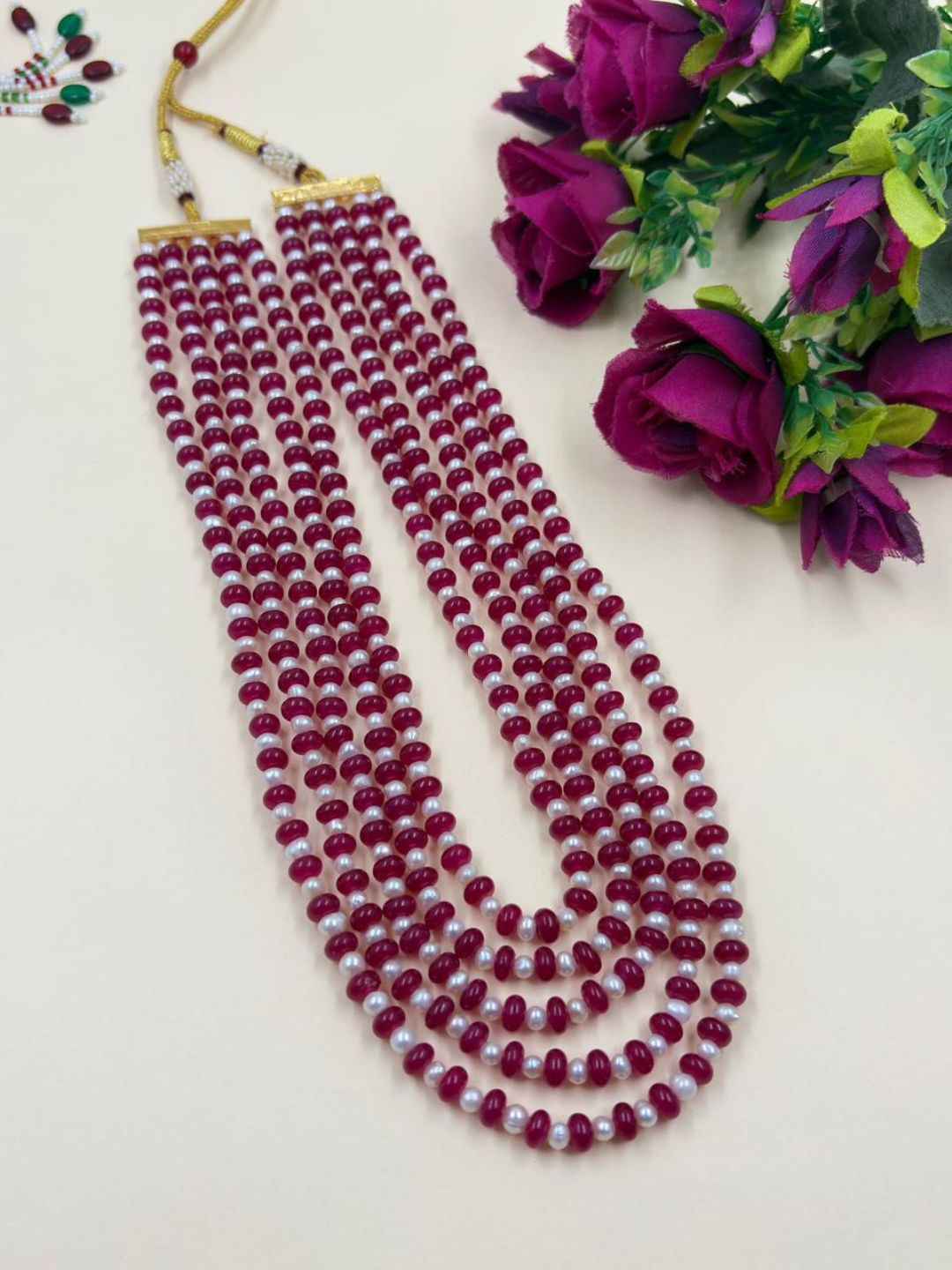 Handcrafted Red Jade and Freshwater Natural Pearls Multi-Layered Beaded Necklace For Women