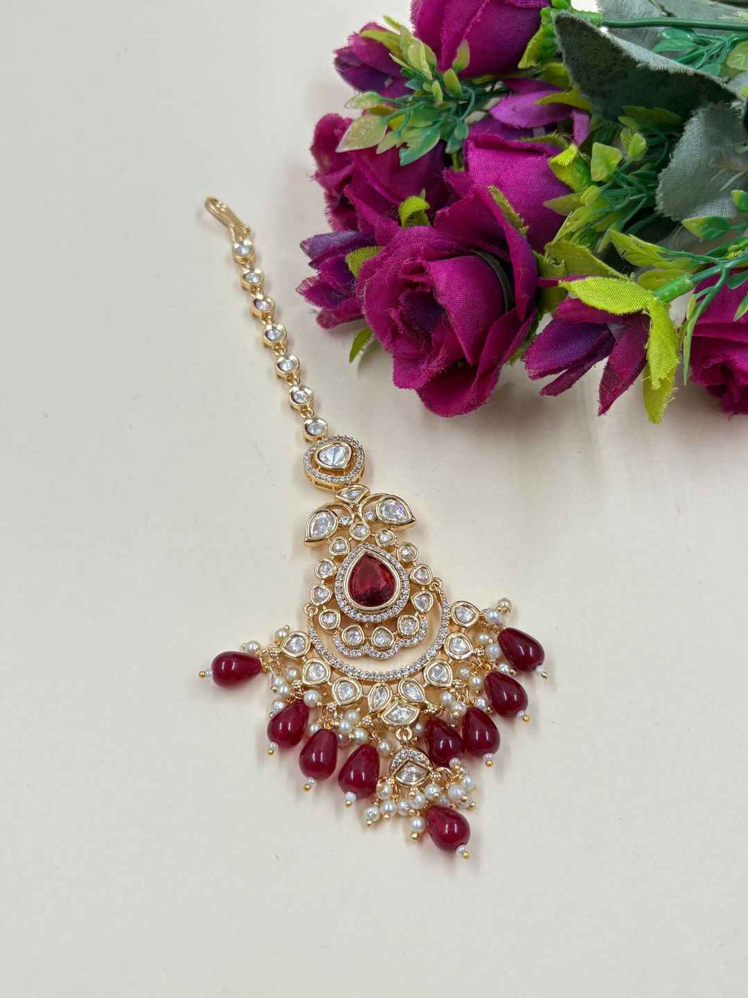 Traditional Big Kundan Pearl Maang Tikka For Women | Bridal Wedding Forehead Jewelry