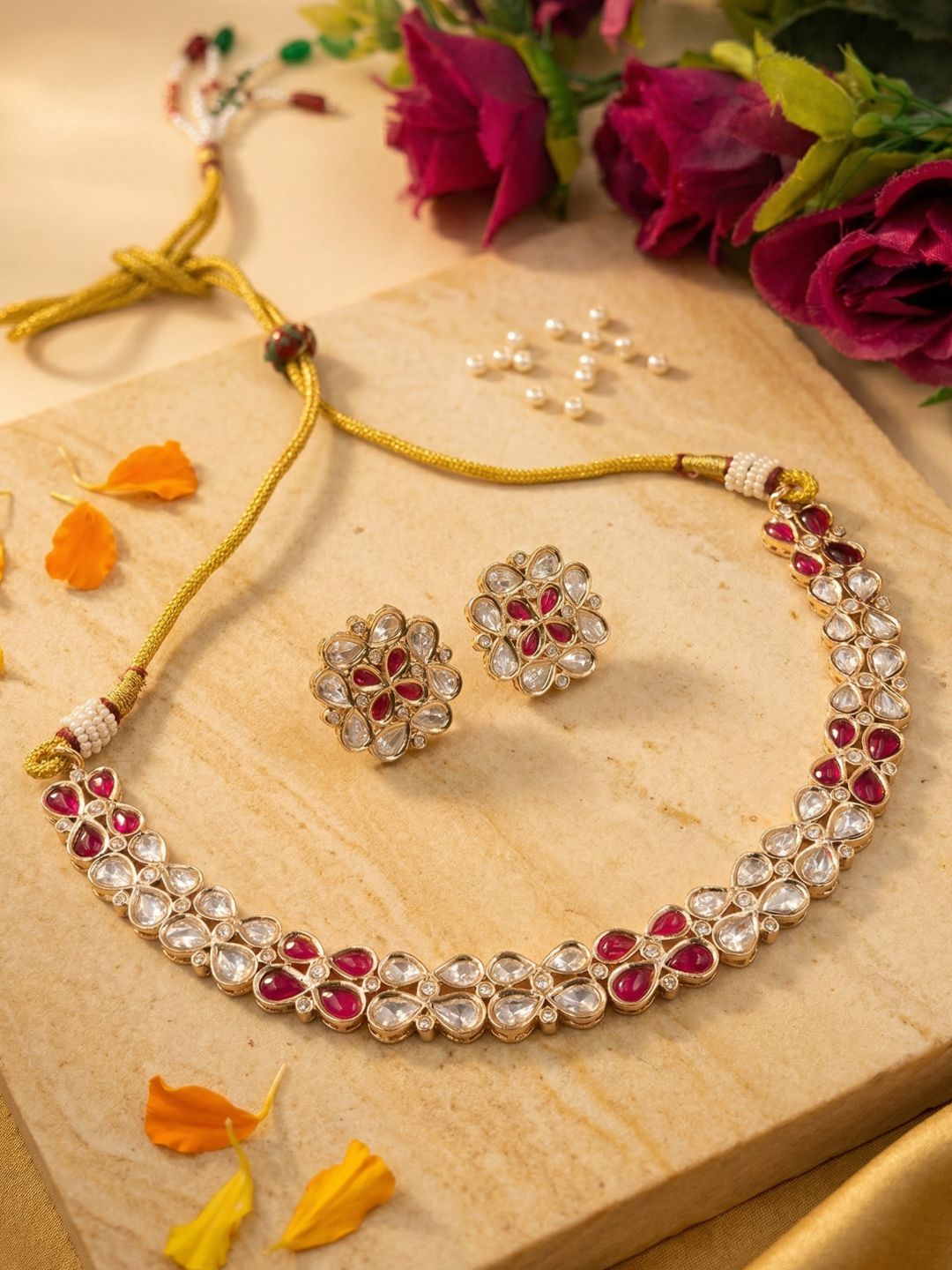 Gold Plated Elegant red Polki Kundan Necklace Set | Festive And Wedding Wear Jewellery Set