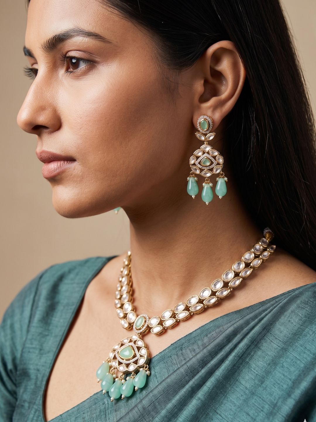 Rose Gold Finish mint green Kundan Necklace Set - Wedding And Party Wear Kundan Jewelry