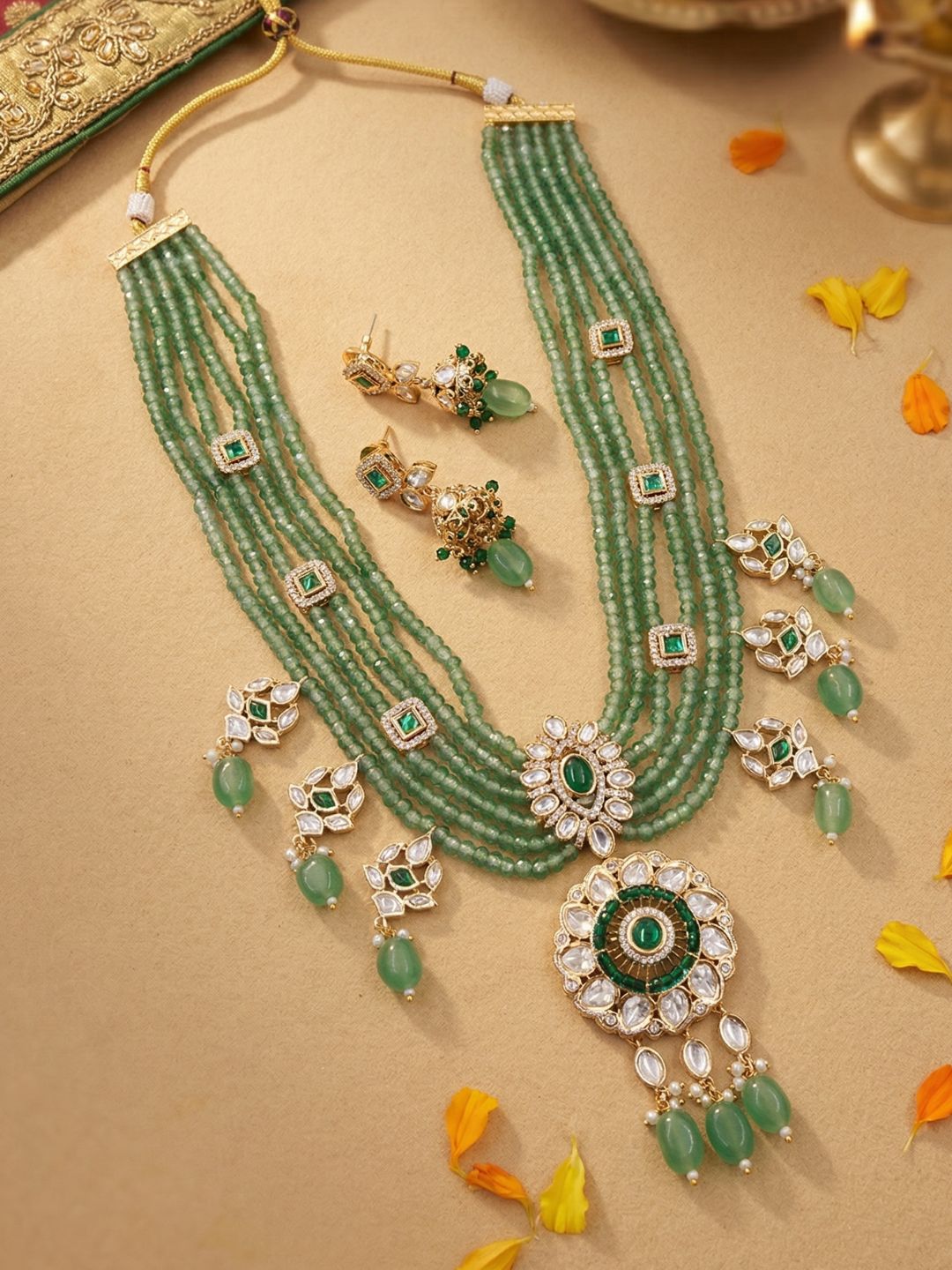 Traditional Green Stone Beaded Kundan Necklace Set for Women | Wedding & Festive Jewellery