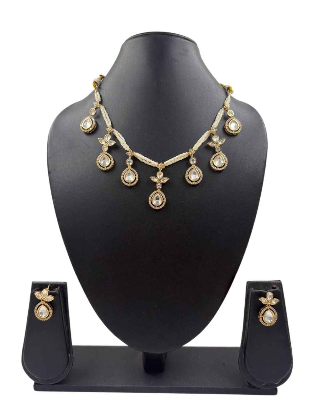 Elegant Gold Plated Beaded Pearls & Polki Drops Statement Necklace Set For Women