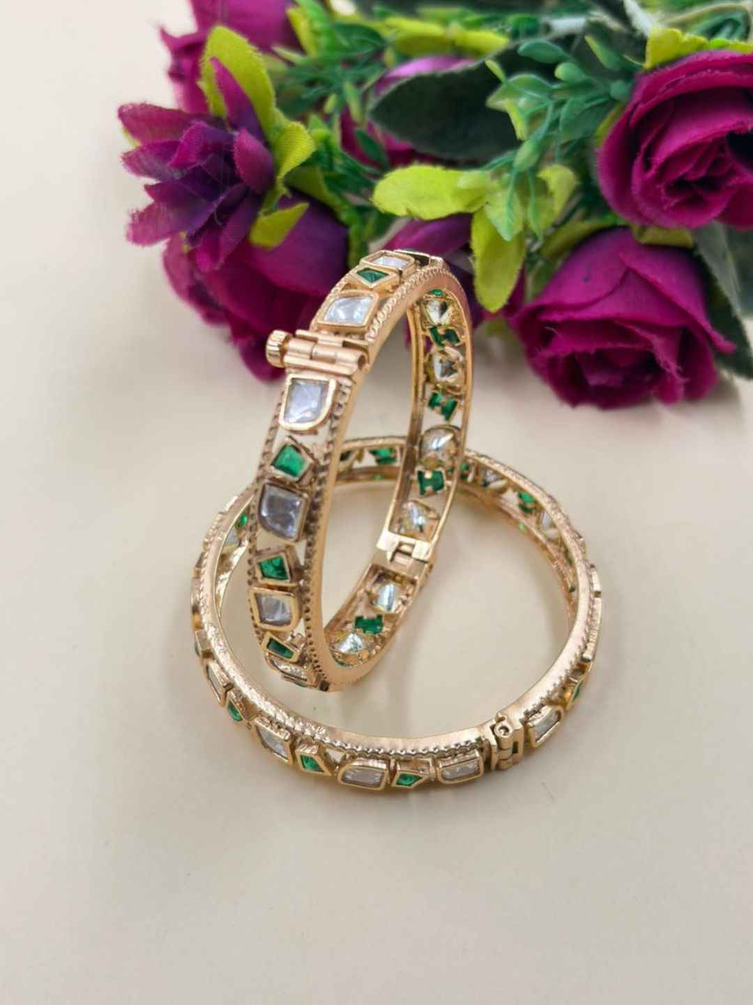 Elegant Gold Plated Emerald & Uncut Polki Bangles Set For Women - Wedding & Festive Wear