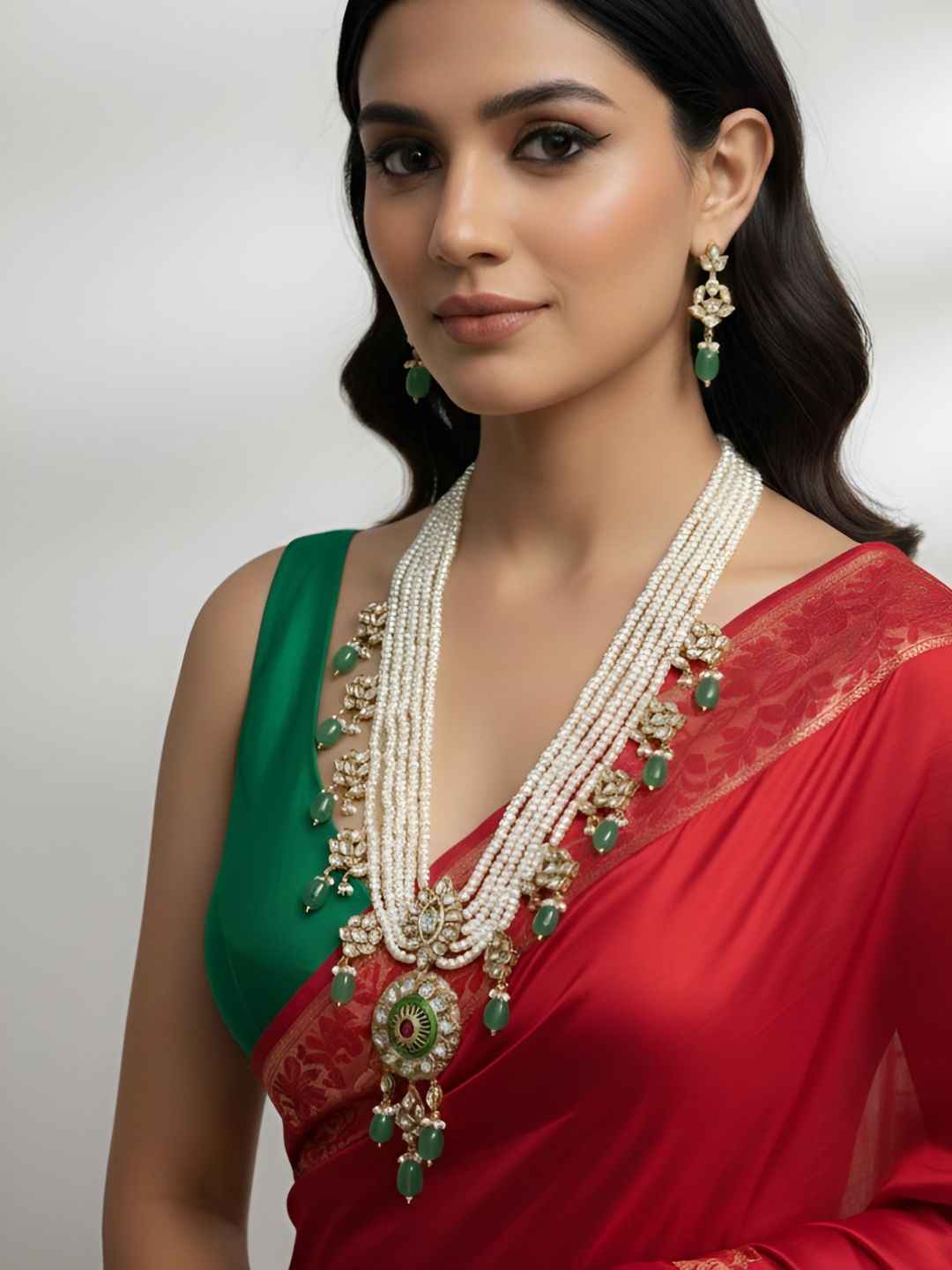 Multi Layer Real Pearl And Kundan Pendant Necklace Set With Green Drops | Bridal & Festive Ethnic Jewellery