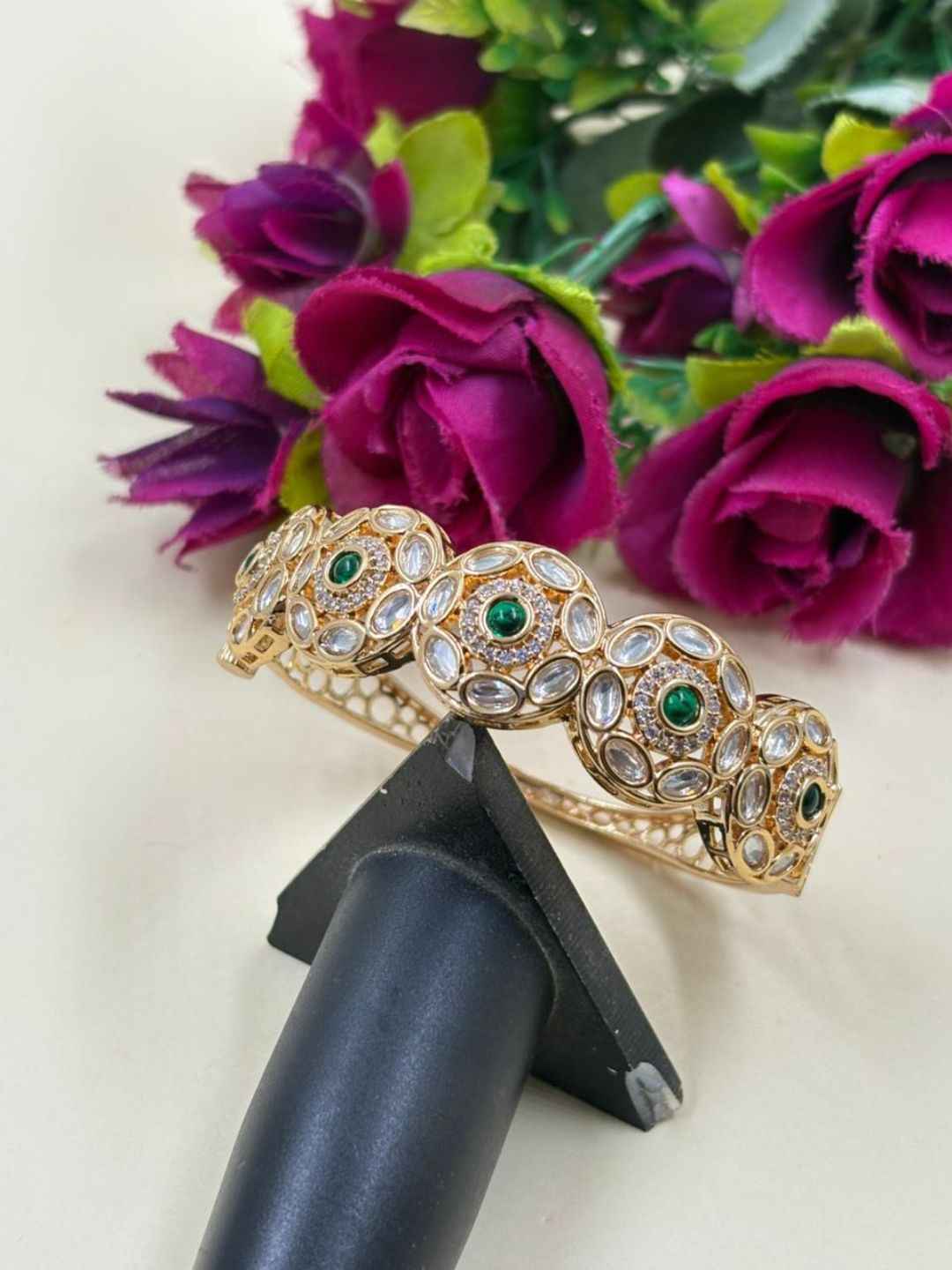 Elegant Next To Real Party & Wedding Wear Openable Kundan Polki Bracelet For Women