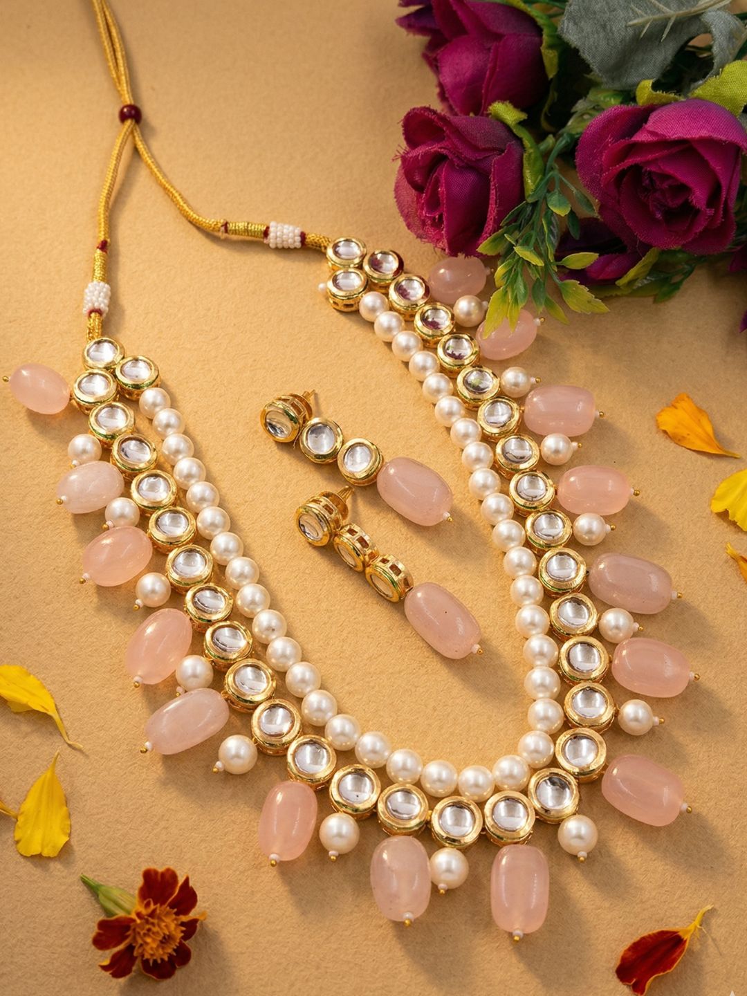 Traditional Gold Plated pink Beaded Kundan Necklace Set For Women - Ethnic Indian Jewellery Set