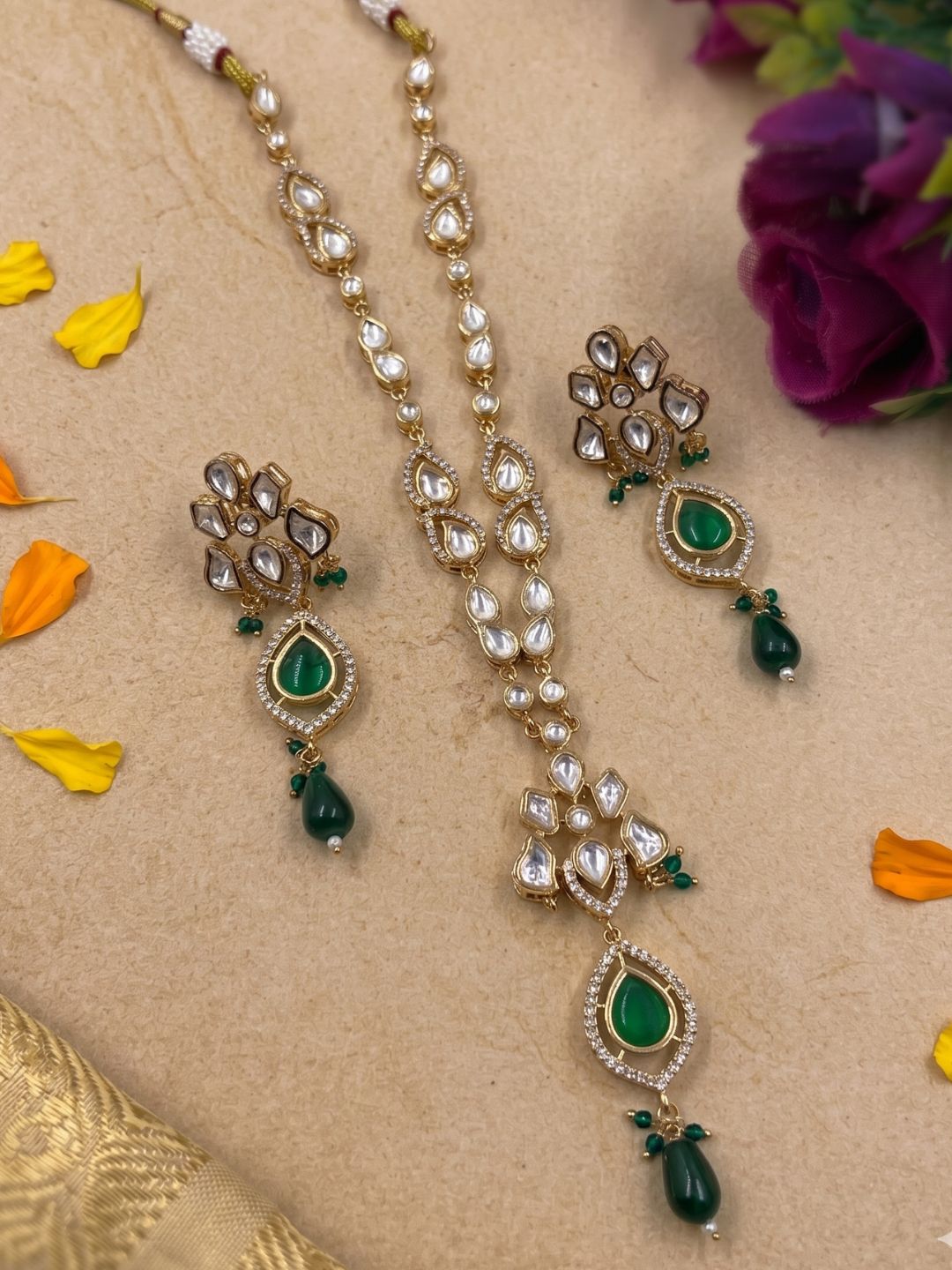 Elegant Rose Gold Finish green Polki pendany Necklace Set For Women - Indo Western Modern Jewellery Set