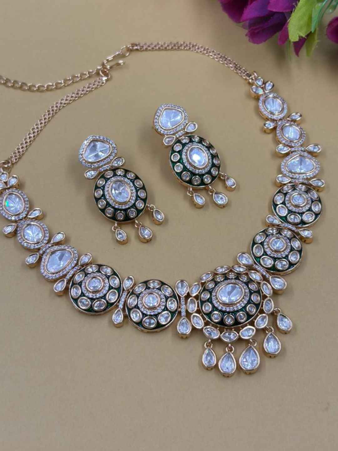 Gold Plated Green Meenakari Kundan Necklace Set  For Women - Wedding And Festive Wear