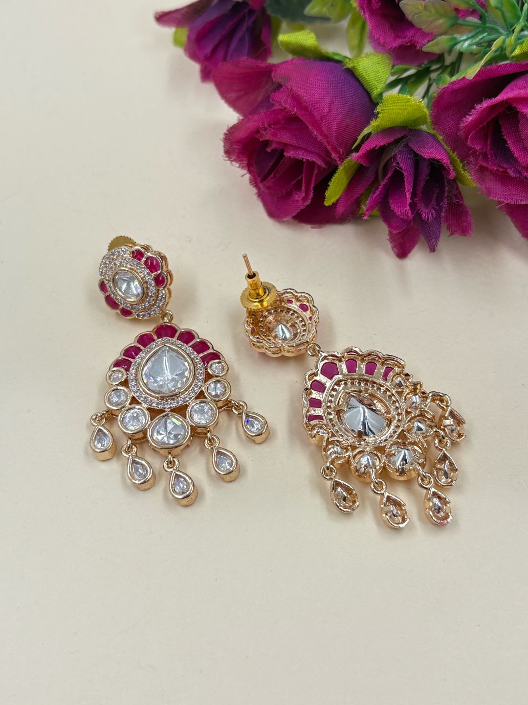 Exquisite Gold Plated Polki Kundan Chandelier Earrings For Women - Wedding & Festive Earrings