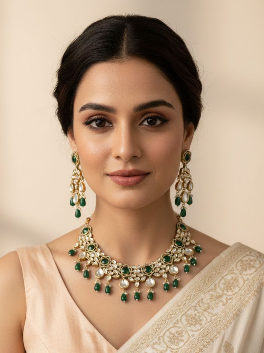 Elegant Polki Kundan Necklace Set For Women - Wedding & Party Wear Kundan Jewellery Set with green stone and beads 