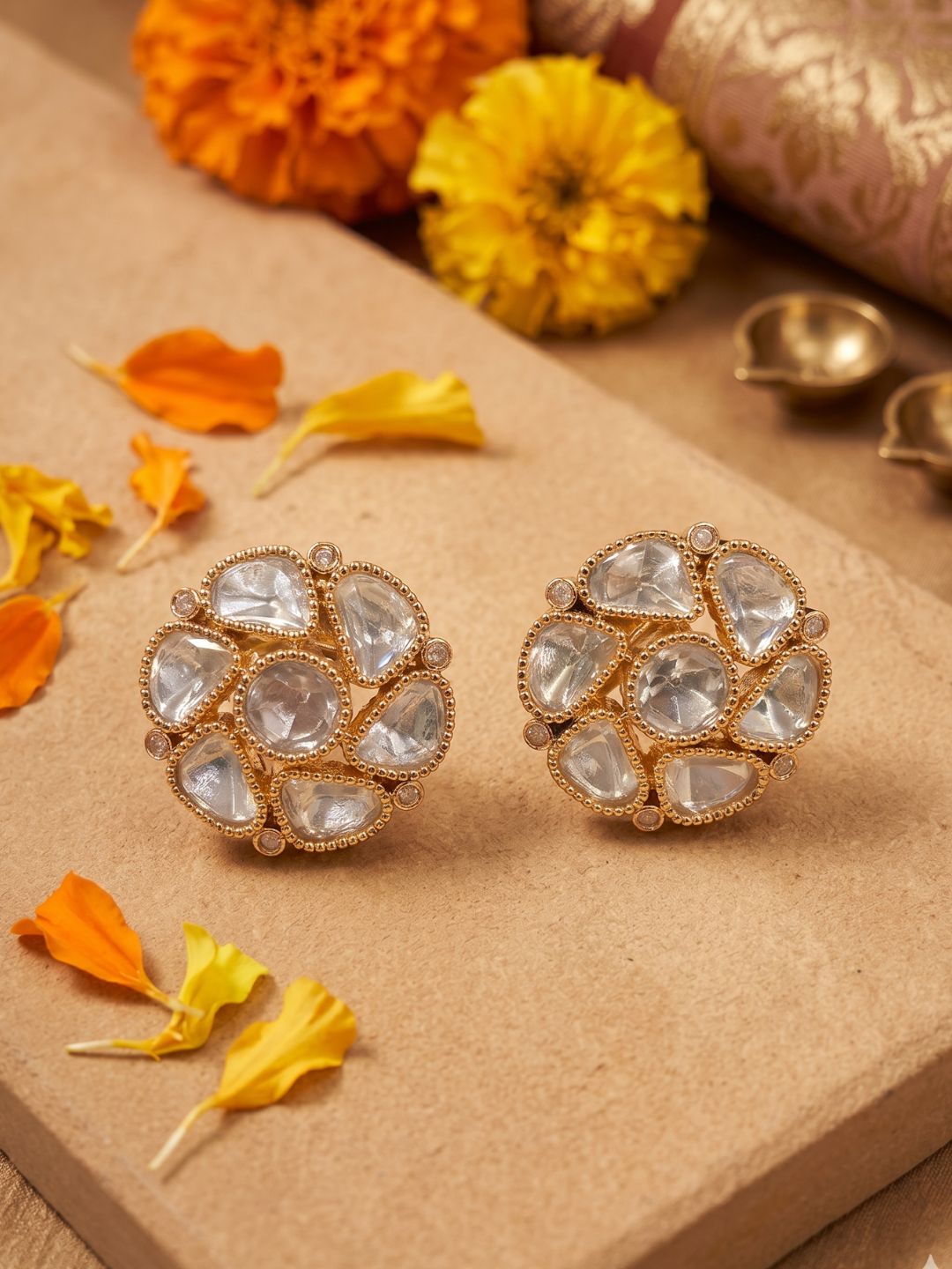 Elegant Gold Plated Polki Kundan Stud Earrings For Women | Ethnic And Traditional Indian kundan stud  Earrings