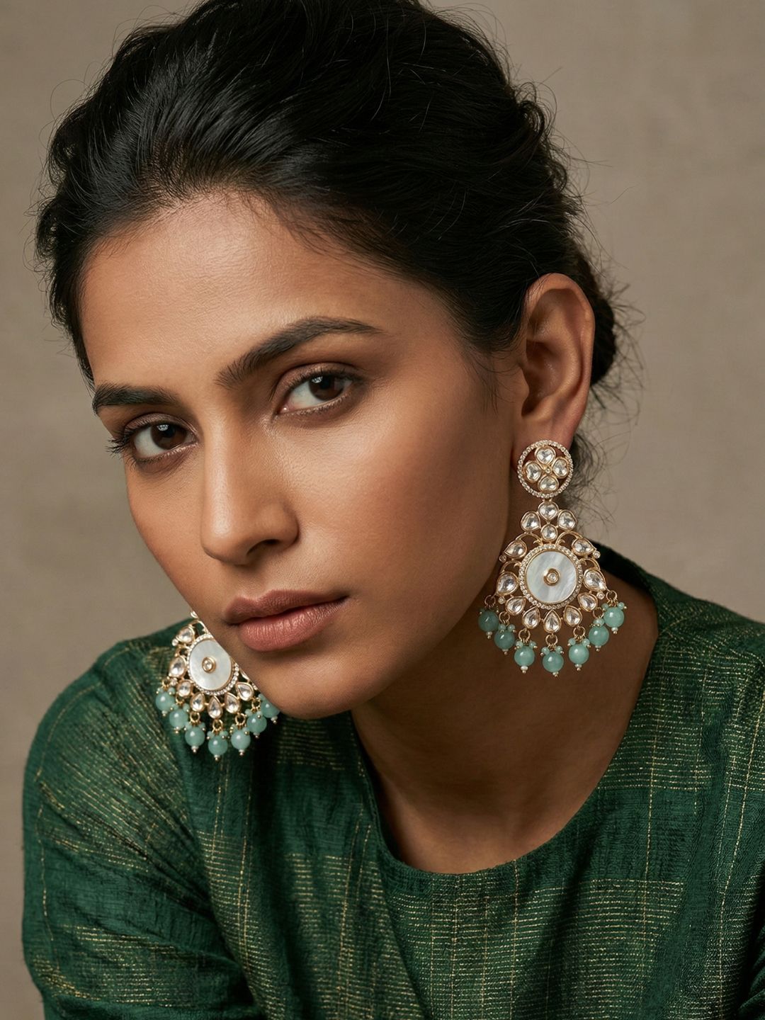 Designer Mother Of Pearl And Kundan Chandbali Earrings For Women - Wedding & Festive Wear mint green earrings 