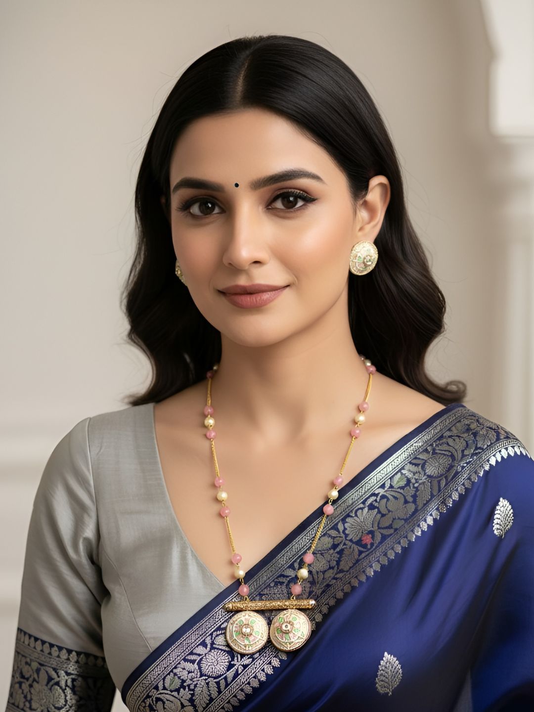 Traditional Long Beaded Chain and pink Pendant Necklace Set With Meenakari - Ethnic Jewellery Set
