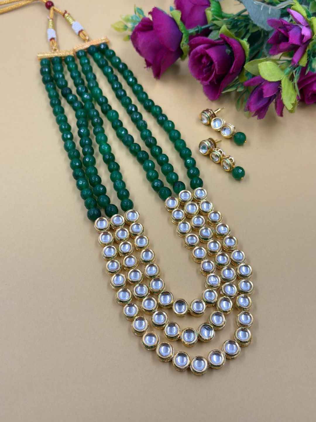 Gold Plated Layered green Kundan Beaded Necklace Set - Traditional Ethnic Jewellery Set