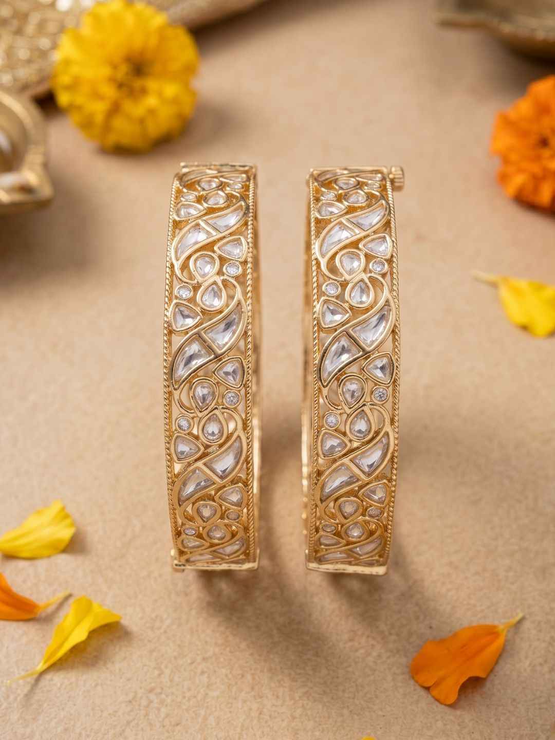Gold Palted Uncut Polki Kundan Kada Bangles | Wedding And Festive Wear Indian Bangles