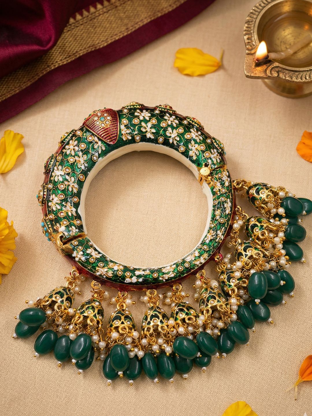 Traditional Rajasthani Green Meenakari Pacheli Kada Bracelet With Jhuma By Gehna Shop