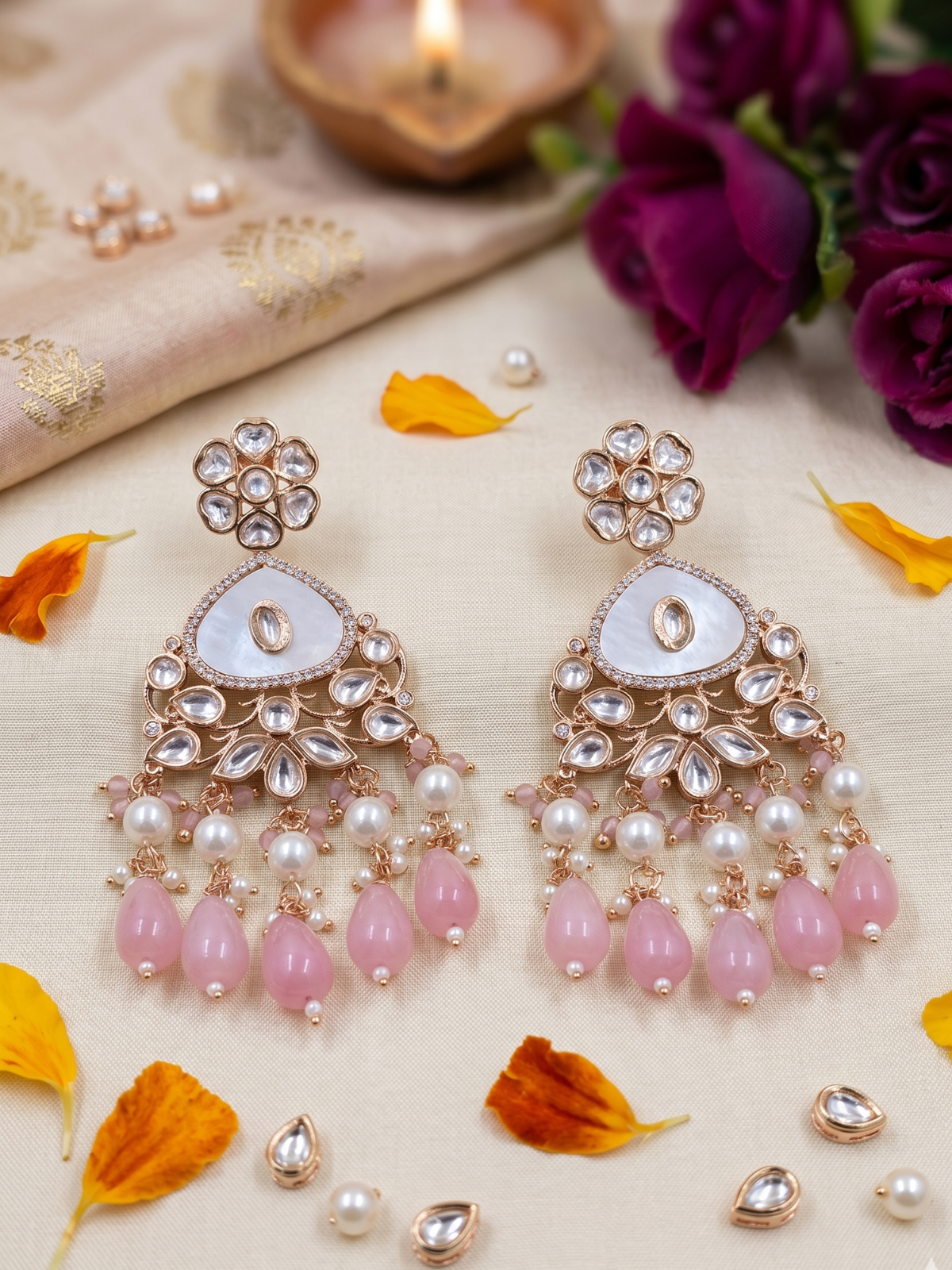 Elegant Gold Plated Pink Beaded Mother Of Pearl And Kundan Earrings For Weddings - Statement Earrings