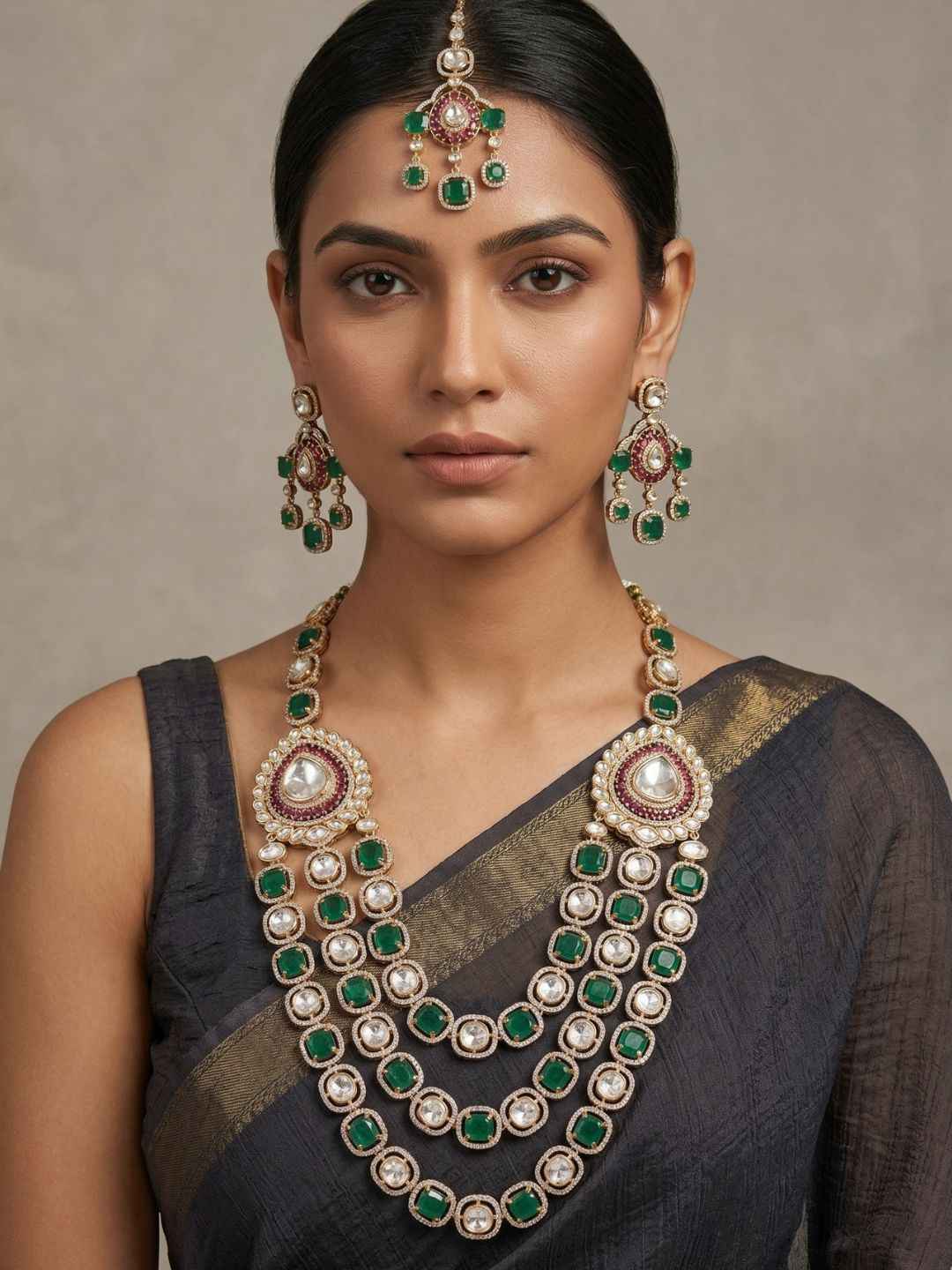Luxury Gold Plated Emerald And Polki Kundan Layered Necklace Set With Tikka - Wedding & Bridal Jewellery Set