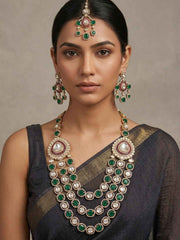 Luxury Gold Plated Emerald And Polki Kundan Layered Necklace Set With Tikka - Wedding & Bridal Jewellery Set