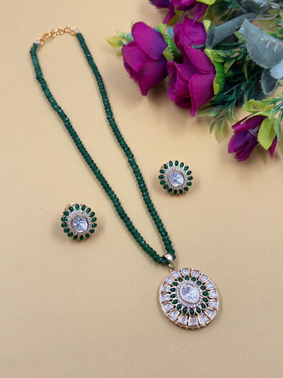 Gold Plated Kundan Pendant And Earring Set With Beaded Chain - Festive Wear Necklace
