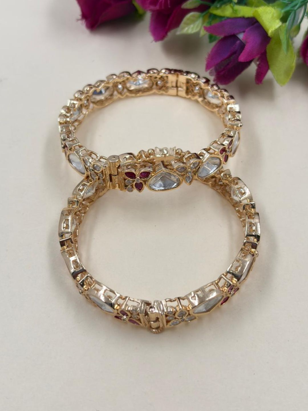 Elegant Rose Gold Finish Polki Kundan Bangles For Women - Wedding And Party Wear Bangles