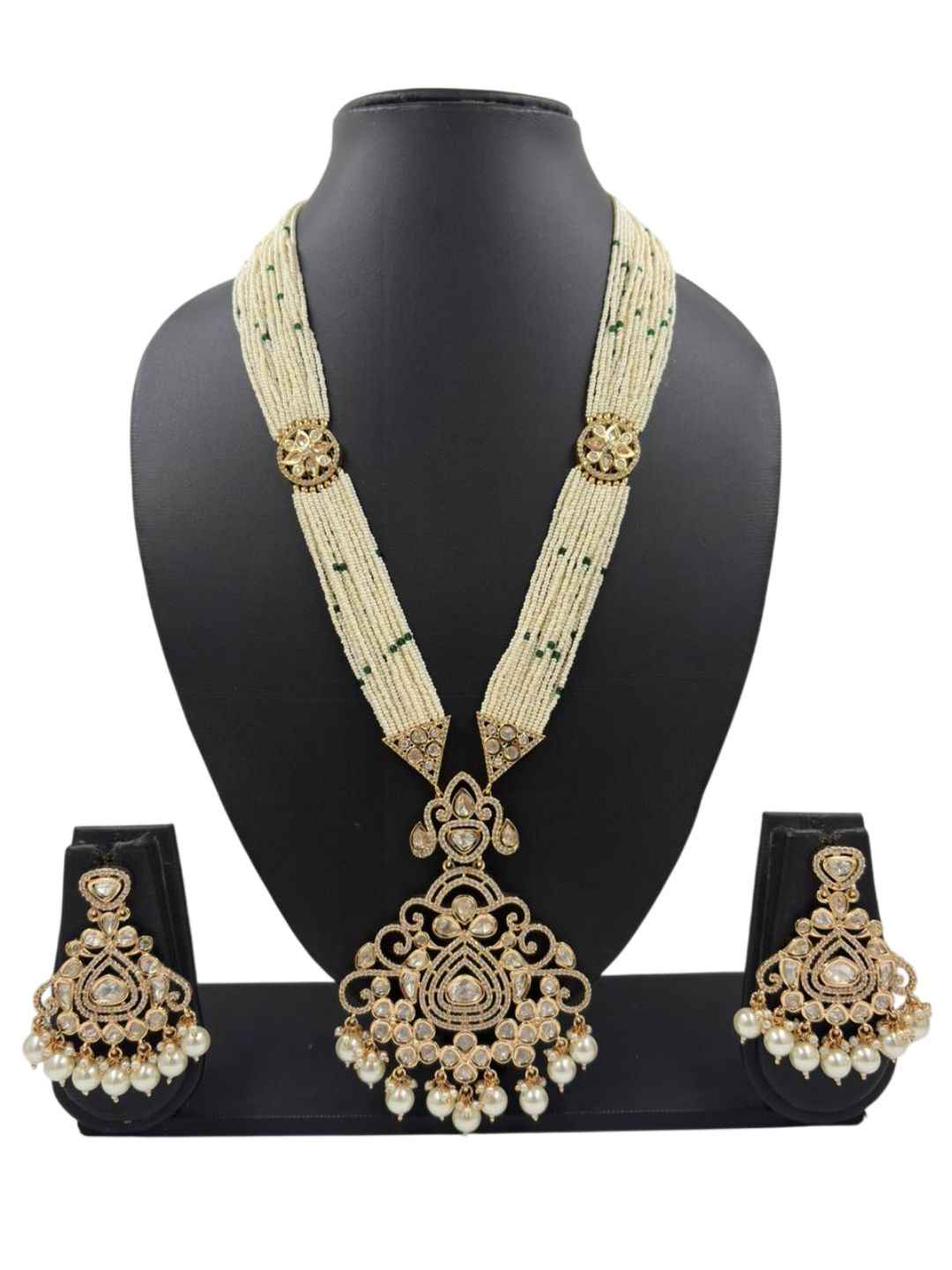 Long Mossanite Polki Pendant Necklace Set With Beaded Pearls - Luxury Wedding Necklace