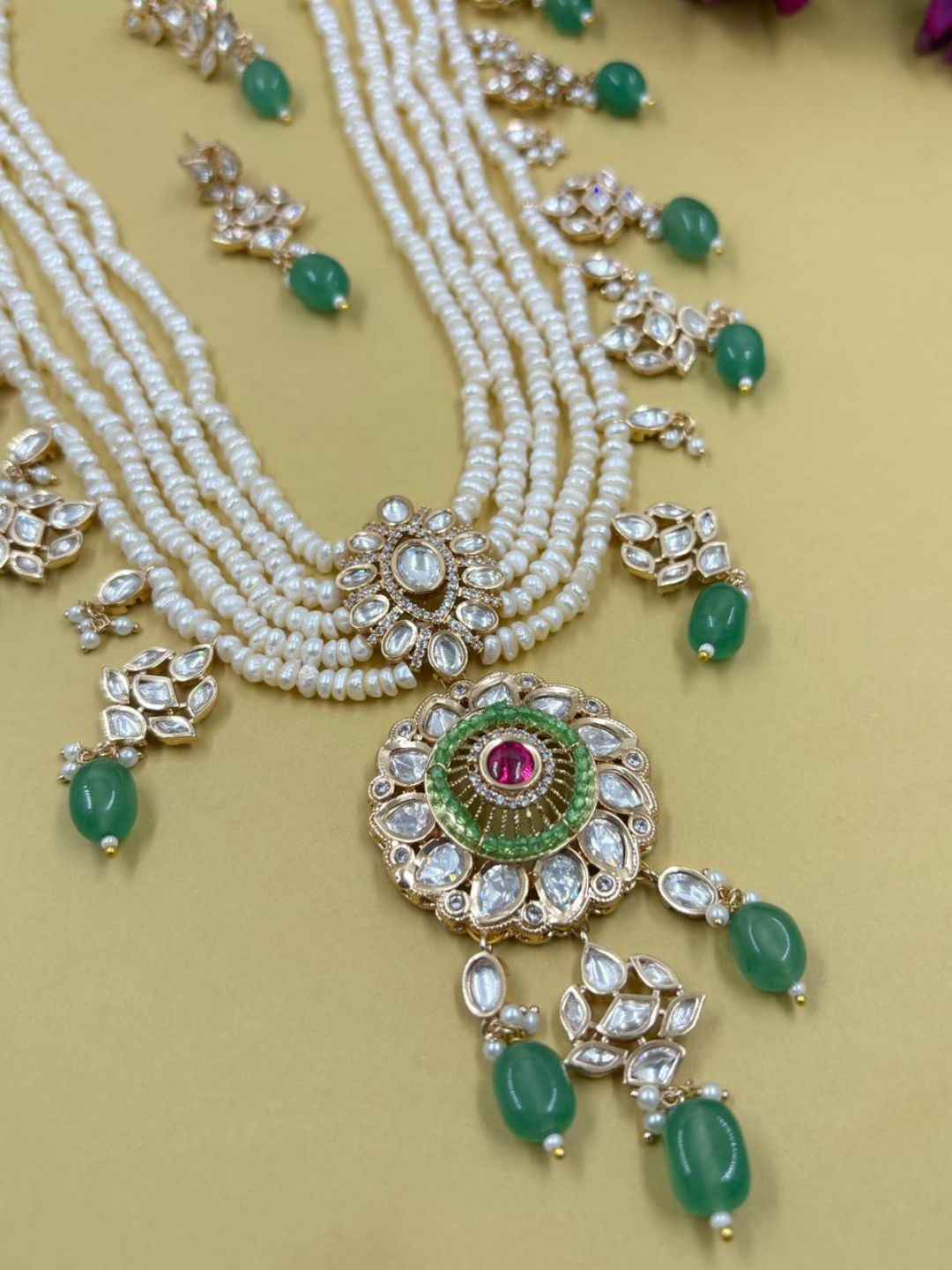 Multi Layer Real Pearl And Kundan Pendant Necklace Set With Green Drops | Bridal & Festive Ethnic Jewellery