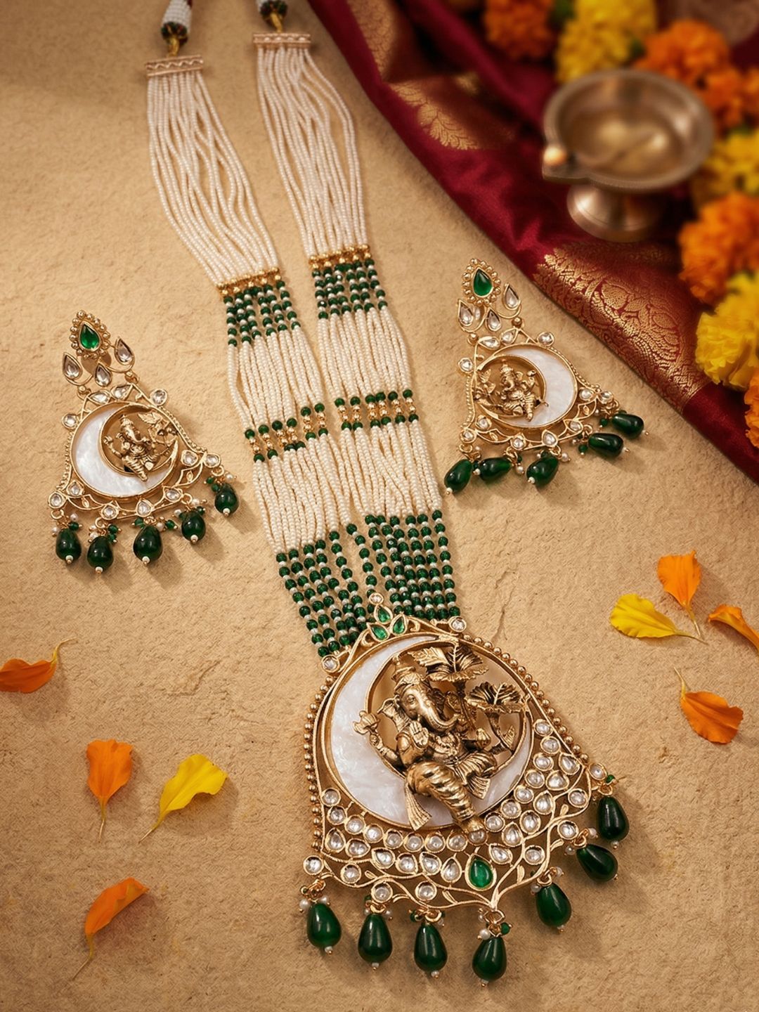 Gold Plated Lord Ganesh Long Temple Jewelry Set | South Indian Temple Jewellery For Weddings