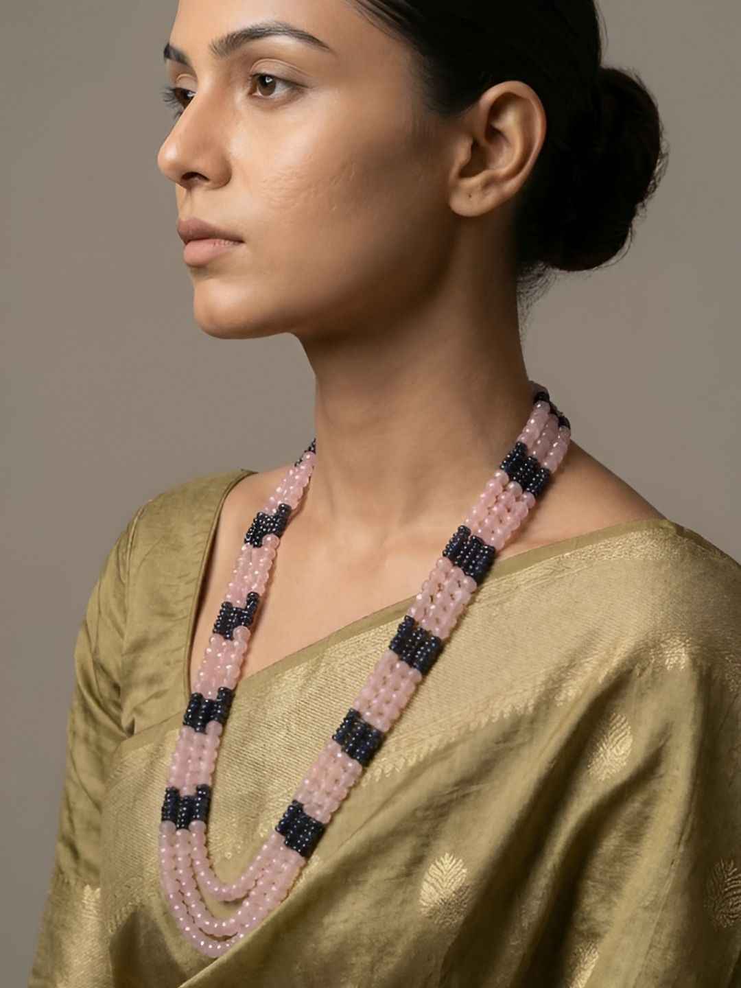 Designer Long Layered Pink Jade And Blue Hydro Beaded Necklace - Saree And Sherwani Necklace