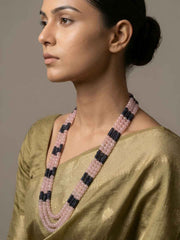 Designer Long Layered Pink Jade And Blue Hydro Beaded Necklace - Saree And Sherwani Necklace