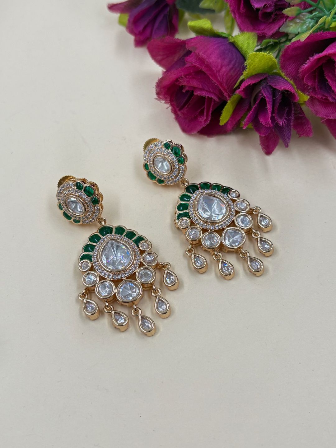 Exquisite Gold Plated Polki Kundan Chandelier Earrings For Women - Wedding & Festive Earrings