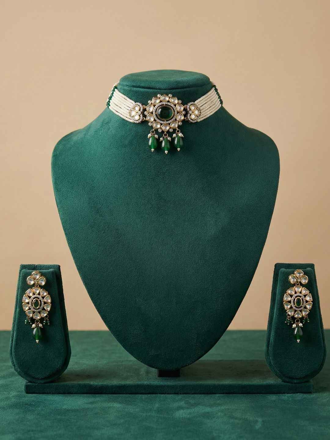 Dual Tone Mossanite Polki Beaded Choker Necklace Set - Wedding & Festive Wear