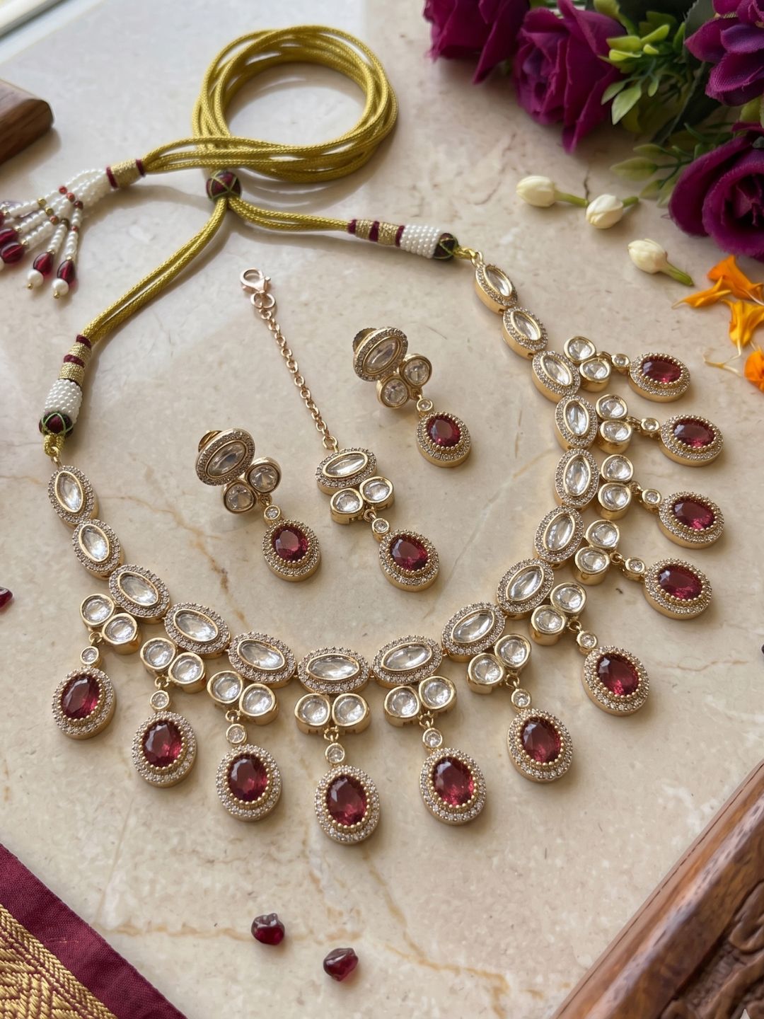 Gold Plated red stone Polki Kundan Necklace Set With Tikka | Wedding & Festive Jewellery Set