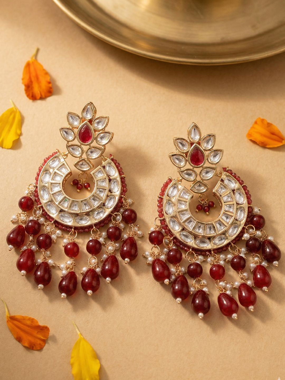 Tarini Lightweight Polki Kundan red beaded Chandbali Earrings For Women - Wedding And Festive Wear