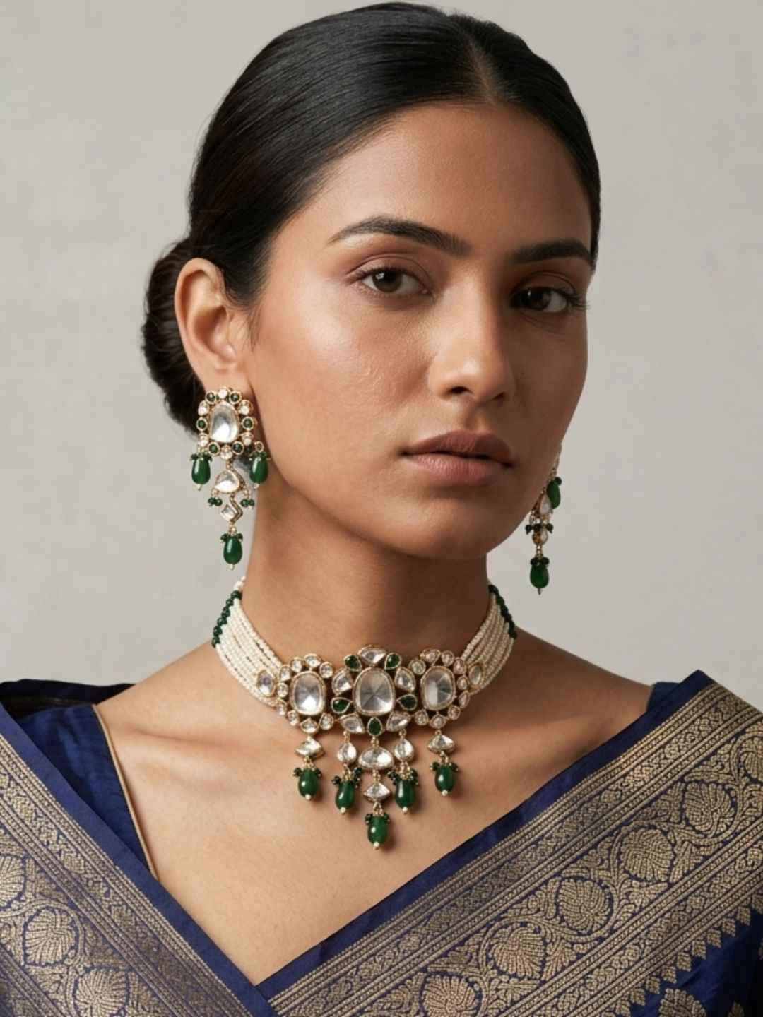 Exquisite Beaded Polki Choker Necklace Set | Statement Choker Jewellery Set