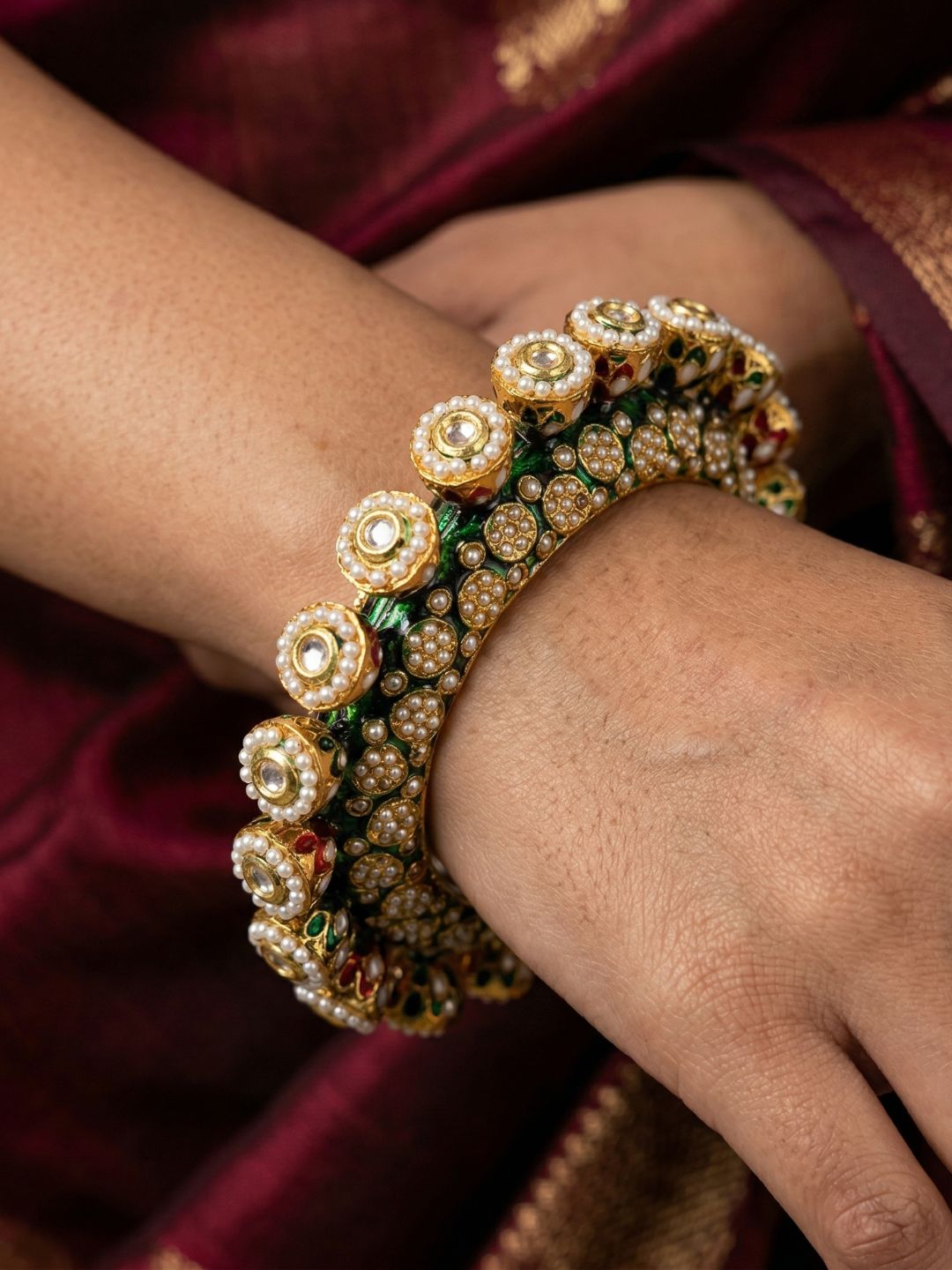 Gold Plated Kundan Meenakari And Pearls Green Pacheli Bangles For Women By Gehna Shop