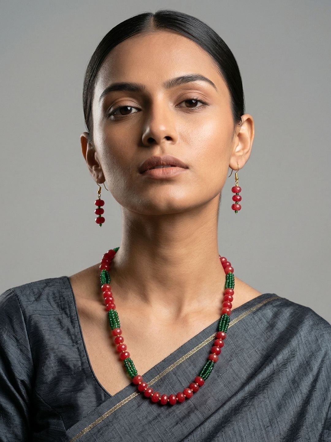 Handcrafted Single Layer Red Beads Neckace - Festive Wear Beaded Jewellery