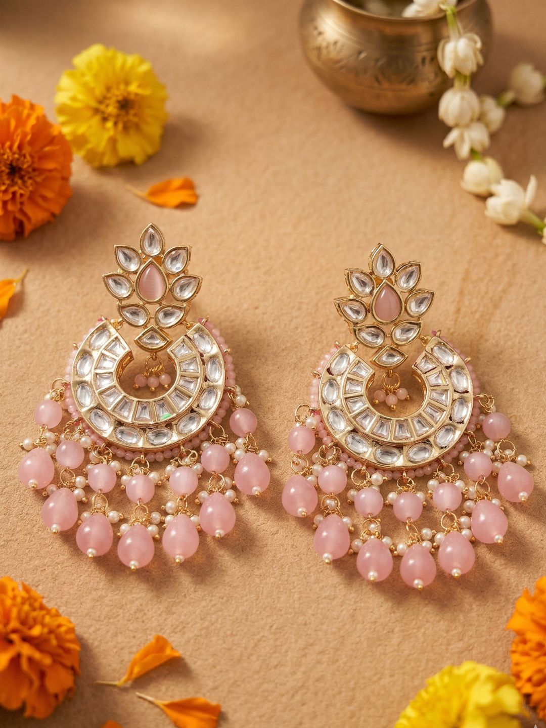 Tarini Lightweight Polki Kundan Pink beads Chandbali Earrings For Women - Wedding And Festive Wear