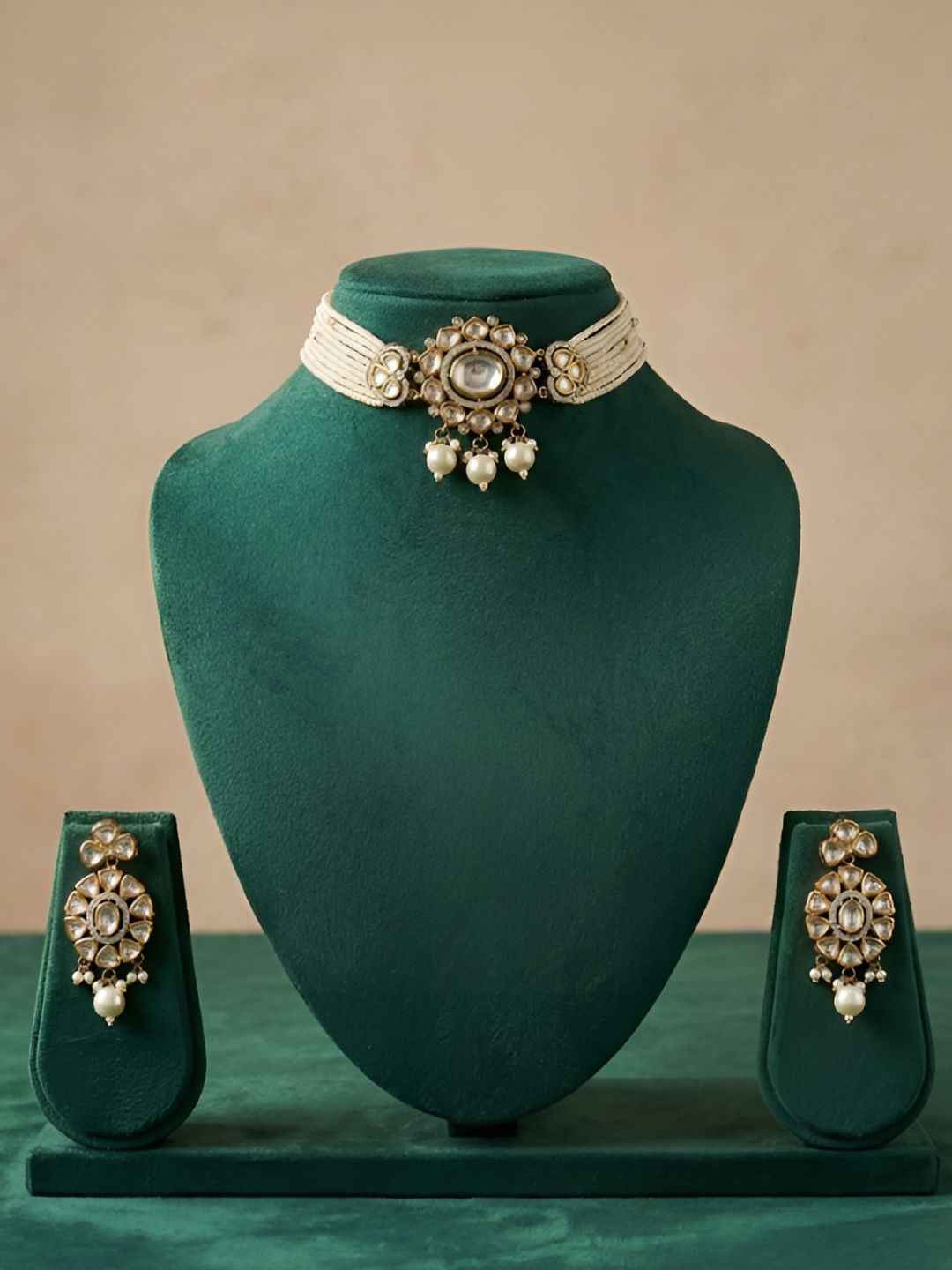 Dual Tone Mossanite Polki Beaded Choker Necklace Set - Wedding & Festive Wear