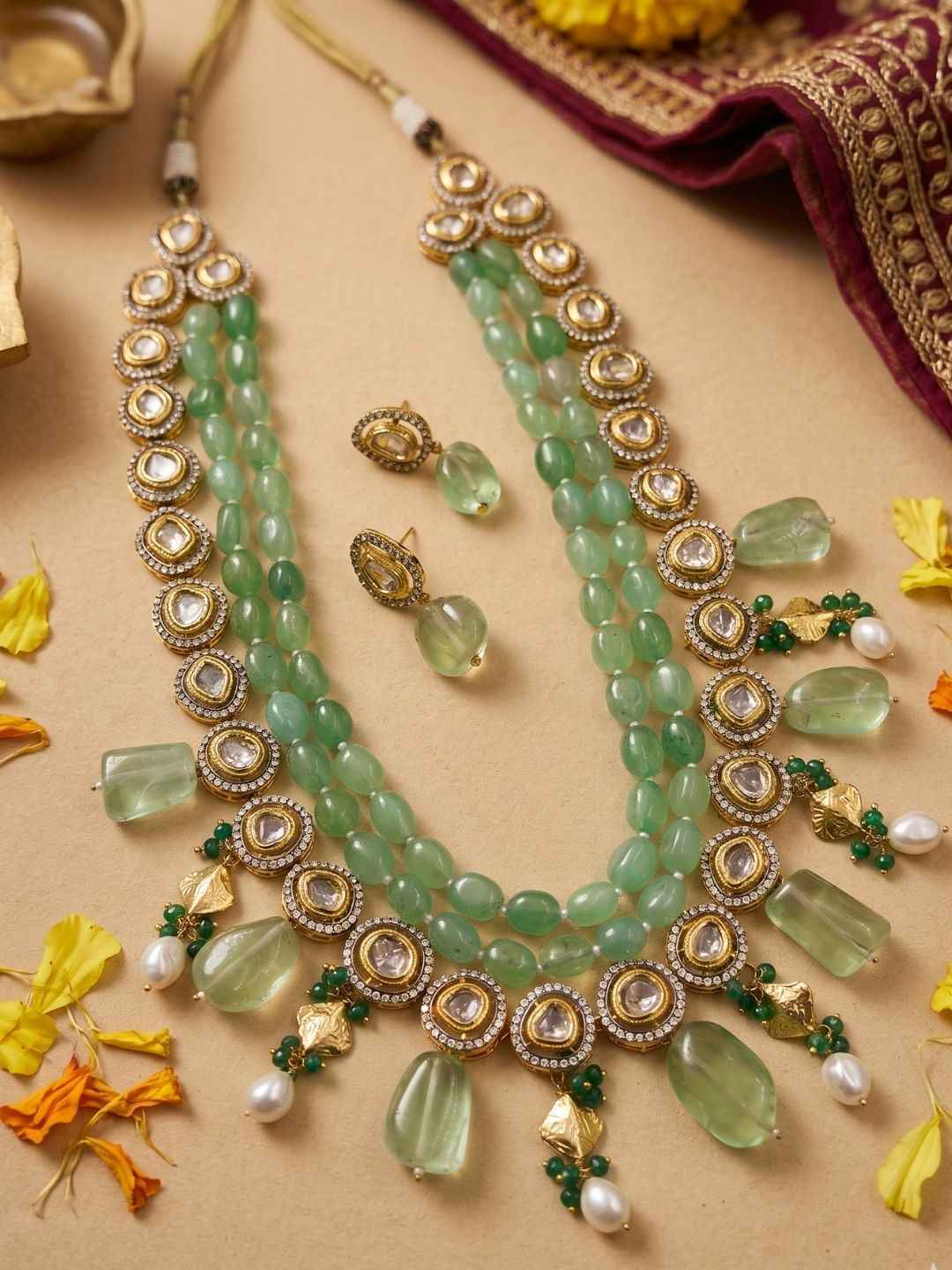 Designer Layered Beaded Green Uncut Kundan Polki Necklace Set | Wedding & Festive Wear