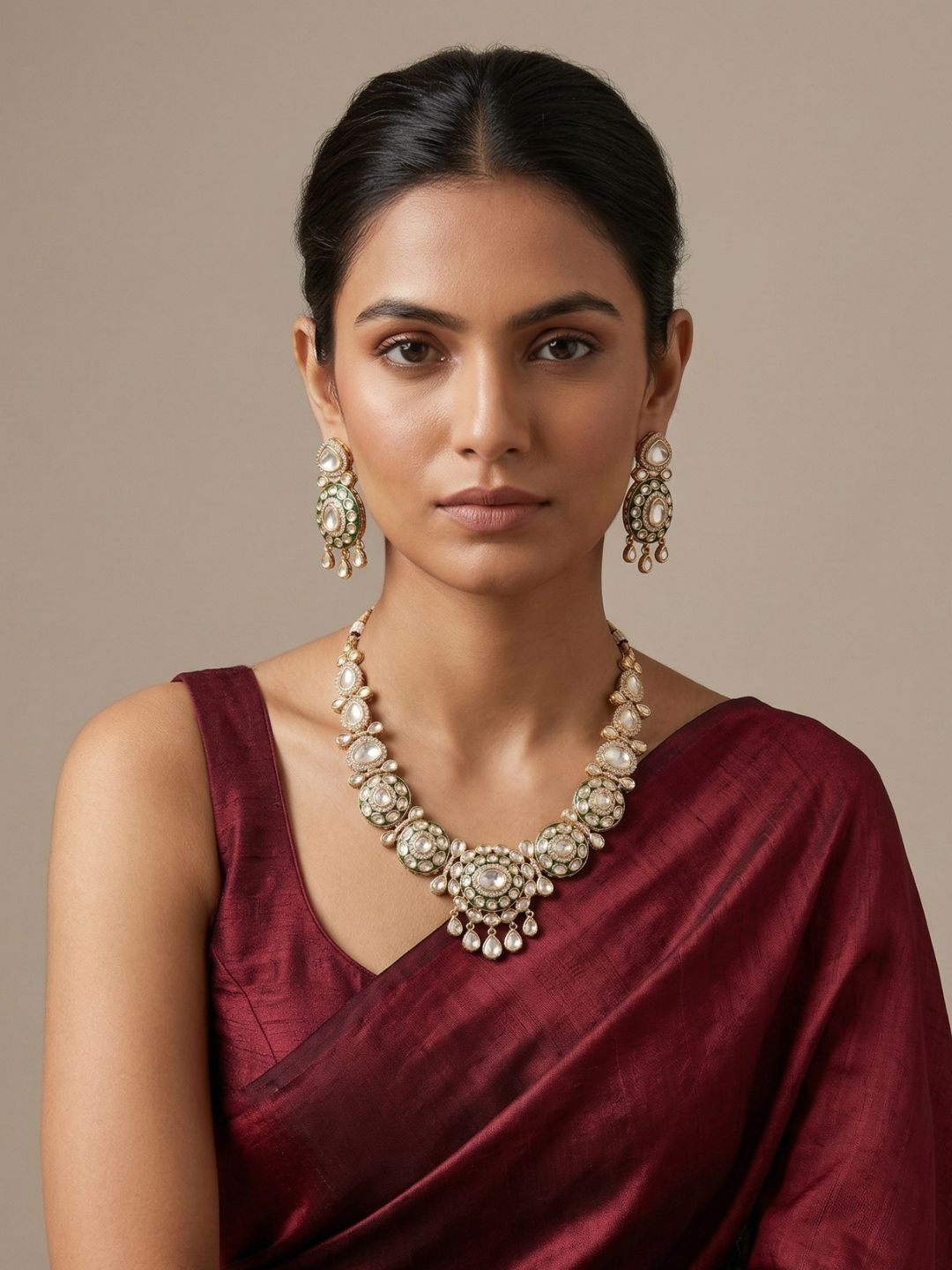 Gold Plated Green Meenakari Kundan Necklace Set  For Women - Wedding And Festive Wear