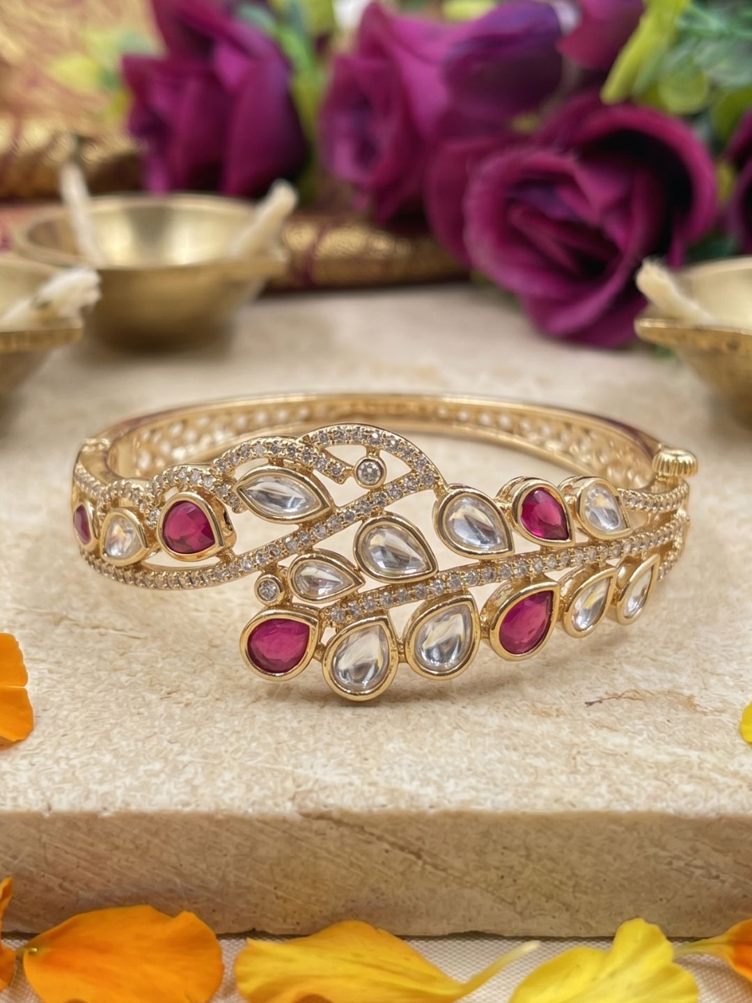 Gold Plated Ethnic Openable red Kundan Kada Bracelet | Wedding And Festive Jewellery