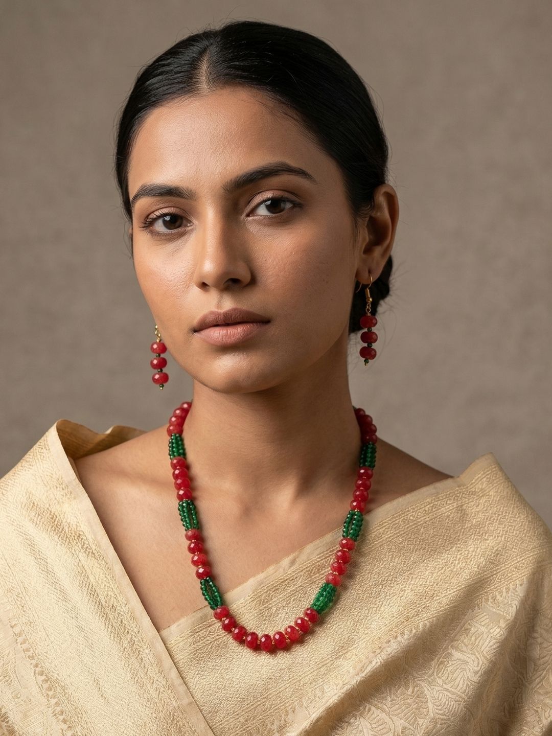 Handcrafted Single Layer Red Beads Neckace - Festive Wear Beaded Jewellery