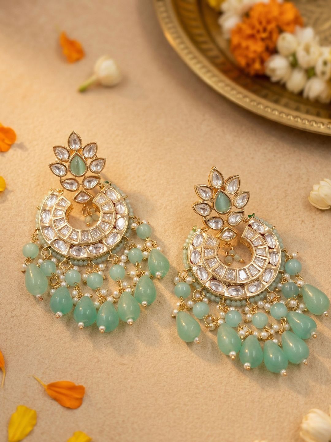 Tarini Lightweight Polki Kundan mint green Chandbali Earrings For Women - Wedding And Festive Wear
