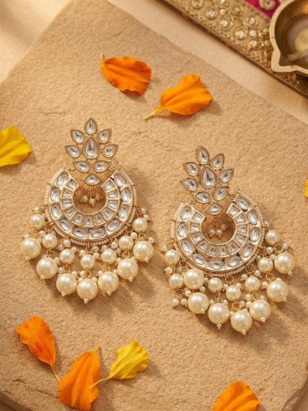 Tarini Lightweight Polki Kundan pearl Chandbali Earrings For Women - Wedding And Festive Wear